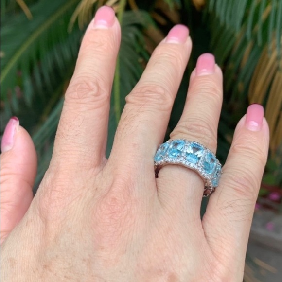 Aquamarine Ring Cushion Cut Eternity Wedding Band For Women 925 Sterling Silver - Picture 7 of 9